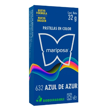 Mostrar detalles de COLORANTE AZUL DE AZUR 632 C/32 GR PASTILLA MARIPOSA 10632 Imagen de COLORANTE AZUL DE AZUR 632 C/32 GR PASTILLA MARIPOSA 10632