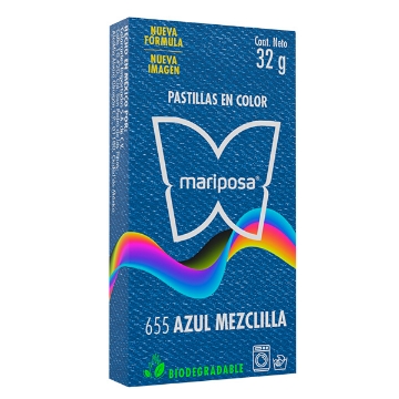 Mostrar detalles de COLORANTE AZUL MEZCLILLA 655 C/32 GR PASTILLA MARIPOSA 10655 Imagen de COLORANTE AZUL MEZCLILLA 655 C/32 GR PASTILLA MARIPOSA 10655