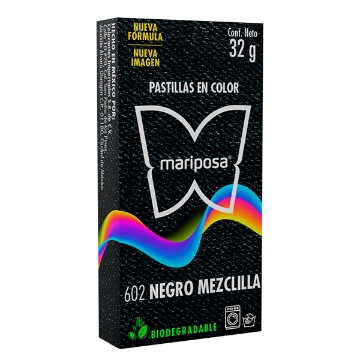 Mostrar detalles de COLORANTE NEGRO MEZCLILLA 602C/32 GR PASTILLA MARIPOSA 10602 Imagen de COLORANTE NEGRO MEZCLILLA 602C/32 GR PASTILLA MARIPOSA 10602