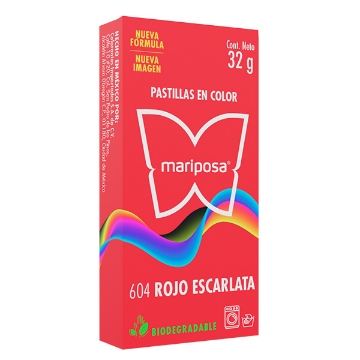 Mostrar detalles de COLORANTE ROJO ESCARLATA 604 C/32 GR PASTILLA MARIPOSA 10604 Imagen de COLORANTE ROJO ESCARLATA 604 C/32 GR PASTILLA MARIPOSA 10604