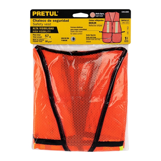 Imagen de CHALECO DE SEGURIDAD CON CINTAS REFLEJANTES NARANJA PRETUL CHS-200N