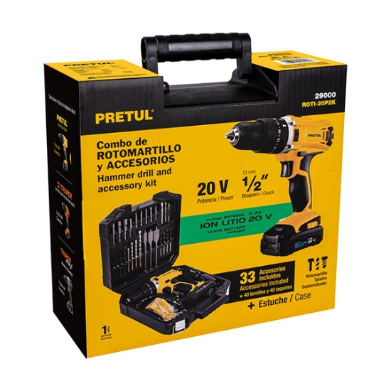 Imagen de ROTOMARTILLO  INALAMBRICO 1/2, 20 VOLTS Y32 ACCESORIOS  PRETUL ROTI-20P2K