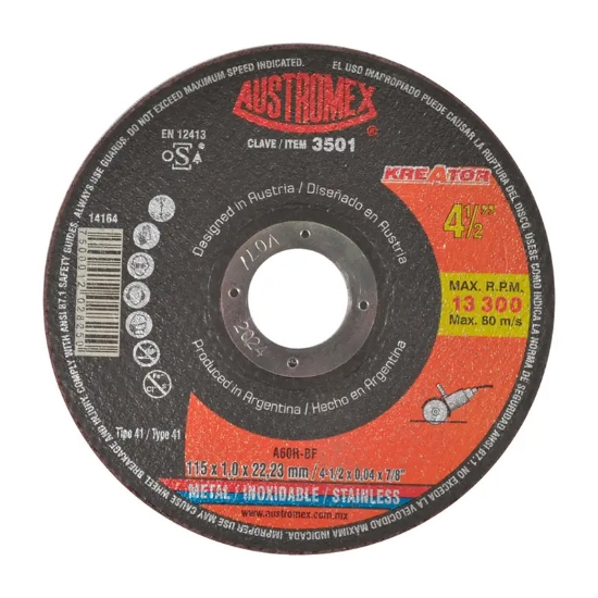 Imagen de DISCO 41  115X1.0X22.2 CORTE 2 EN1 DE METAL ACERO AL CARBON E INOX AUSTROMEX 3501