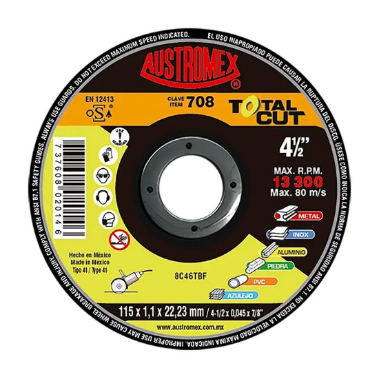 Imagen de DISCO DECORTE DE 4-1/2 P/METAL, INOX,ALUMINIO,PIEDRA,PVC,AZULEJO 708