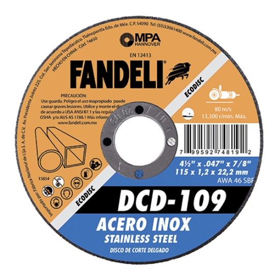 Imagen de DISCO 4 1/2 PULG CORTE DELGADO ACERO INOXIDABLE FANDELI 74819